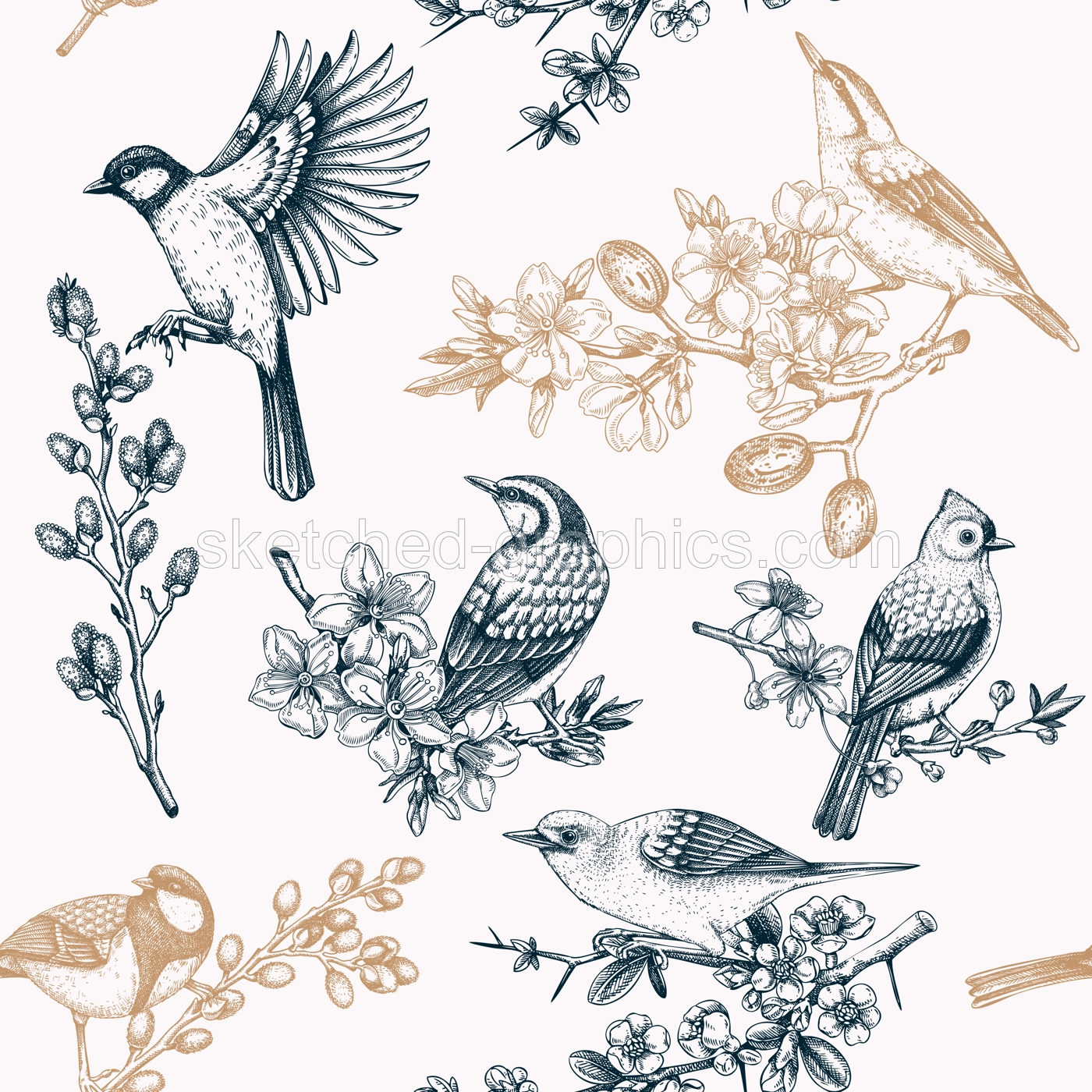 Spring garden background. Vintage seamless patter with birds, flowers, leaves and blooming tree branches. Hand drawn almond, willow, rowan, willow, cherry blossom floral sketches for prints or textile Illustration